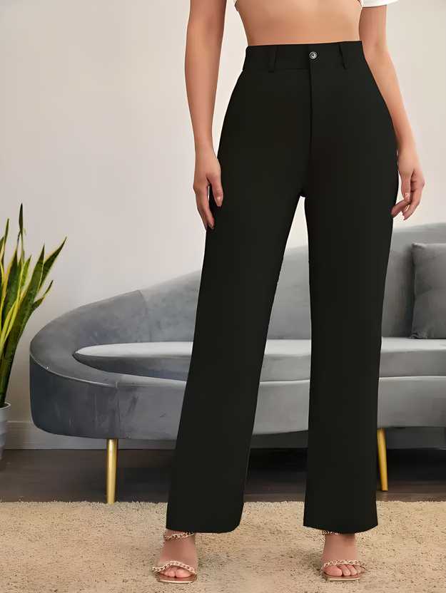 Elegant Black Lycra Solid Trousers For Women