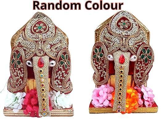 Handmade Lord Ganesha Decorated Coconut Shagun Nariyal Gola With Chowki And Flowers (Pack Of 1)