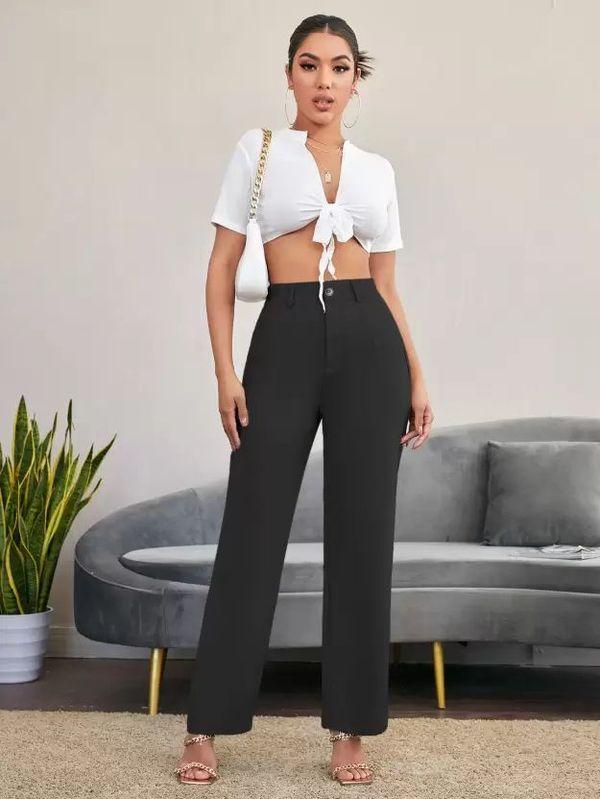 Elegant Black Lycra Solid Trousers For Women