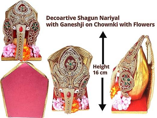 Handmade Lord Ganesha Decorated Coconut Shagun Nariyal Gola With Chowki And Flowers (Pack Of 1)