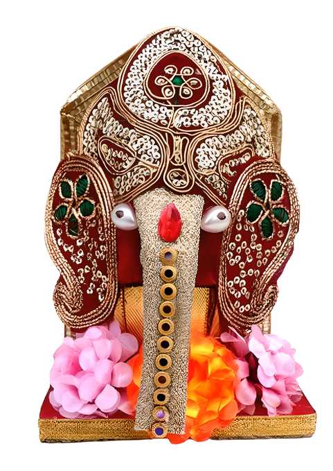 Handmade Lord Ganesha Decorated Coconut Shagun Nariyal Gola With Chowki And Flowers (Pack Of 1)